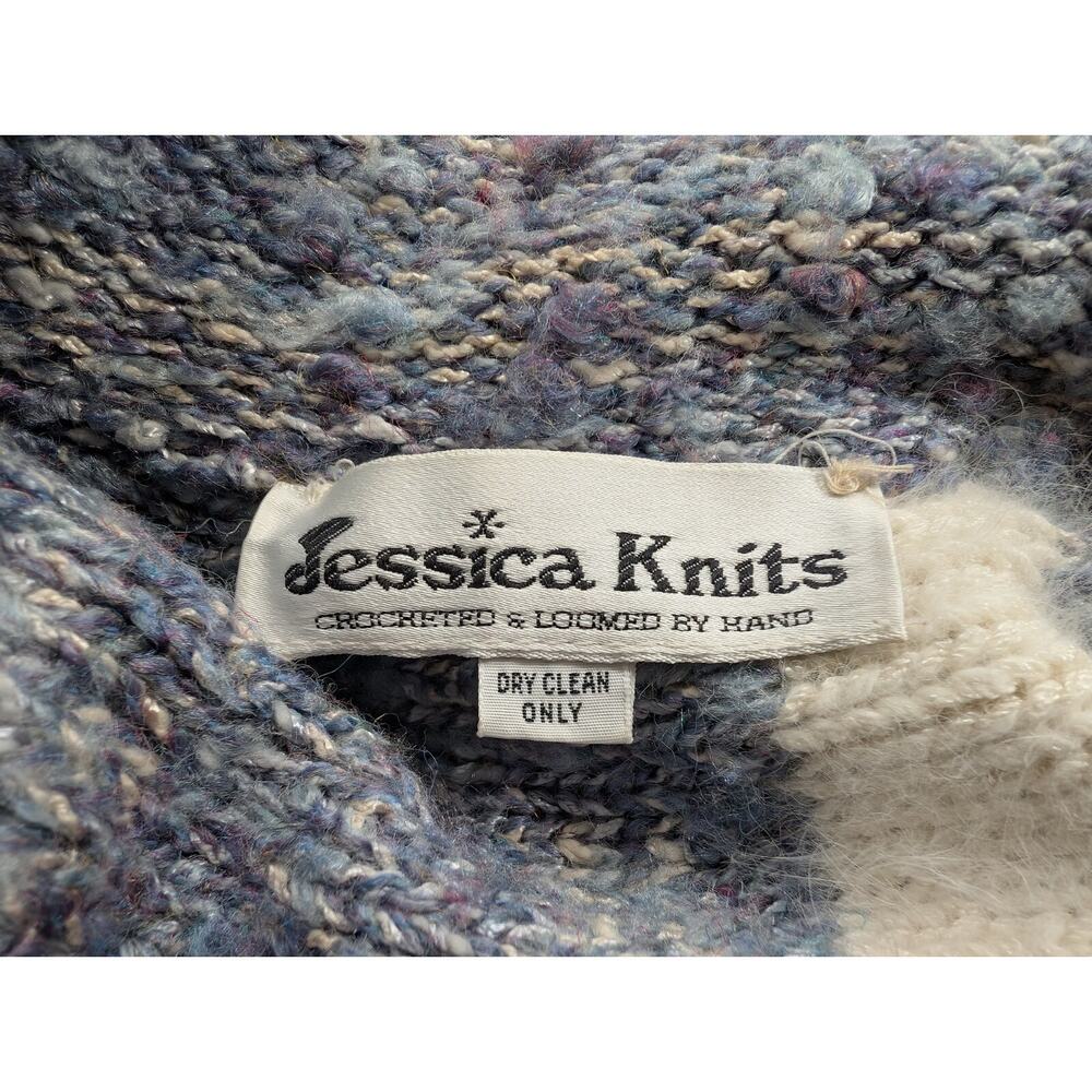Vintage 80s Cardigan Sweater Blue White Crocheted Hand Loomed Women's Size M - Picture 6 of 6